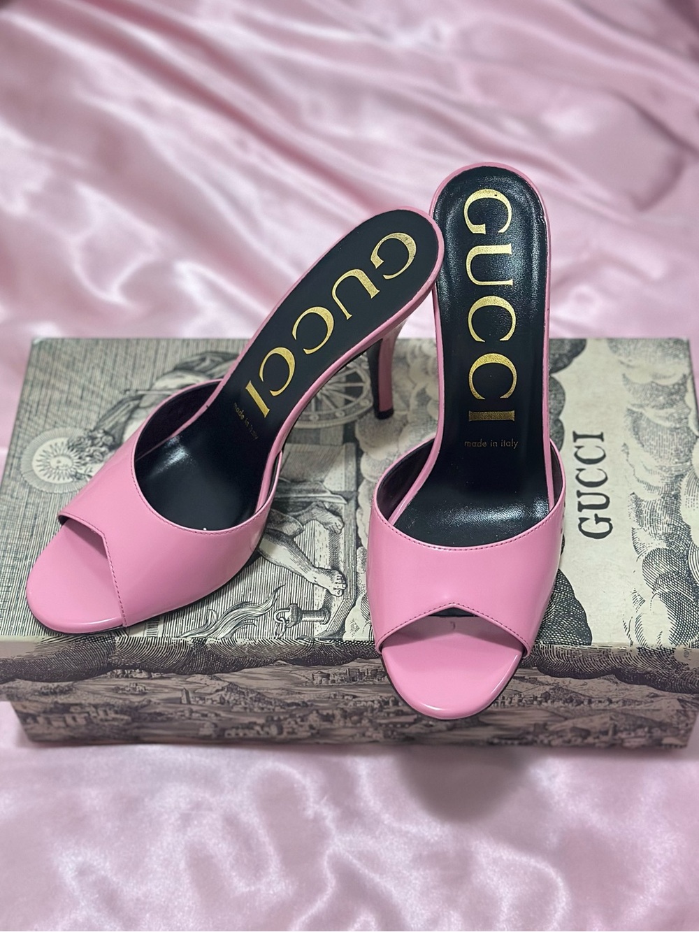 Gucci Pink Calfskin Open-Toe Heel Mules